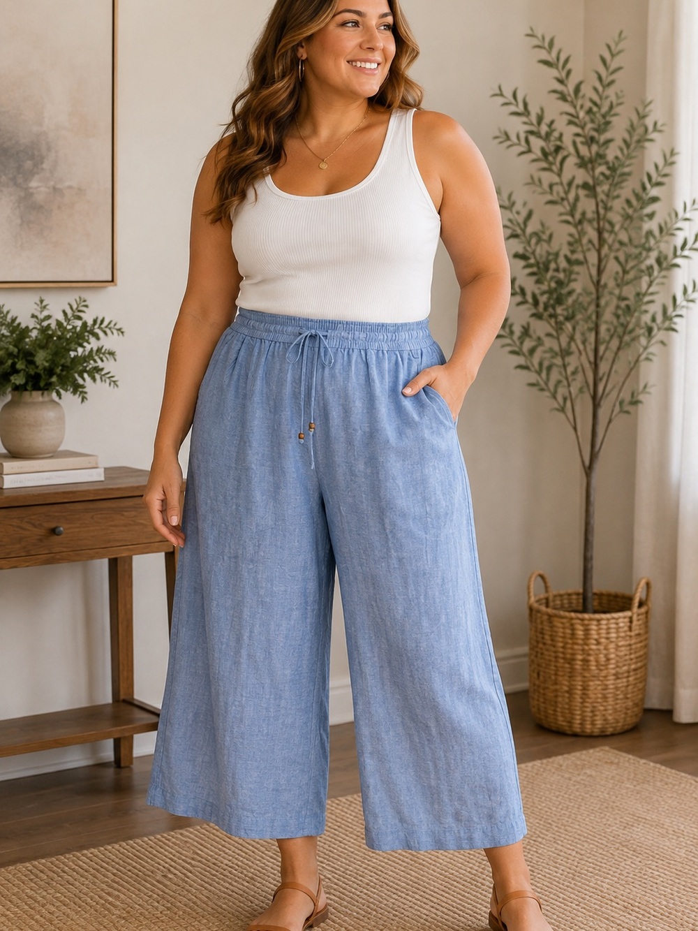 Land ’n Sea 2X Blue Washable Linen Blend Wide Leg Pants NWT